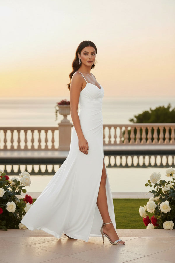 White Ruched Side Slit Maxi Dress
