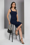 Navy Blue Square Neck Thigh-Slit Midi Dress