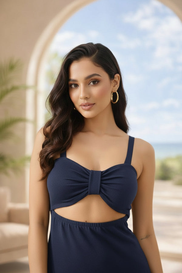 Navy Blue Marina Gathered Cut-Out Midi Dress