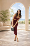 Wine Cut-Out Ruched Bodycon Midi Dress