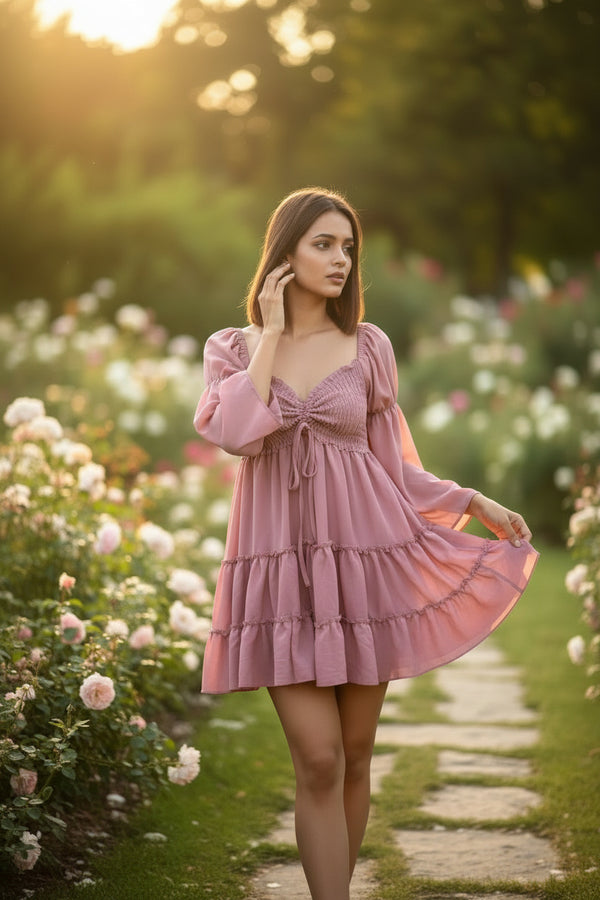 Pink Smocked Mini Dress with Puff Sleeves