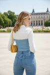 Women’s Light Blue Denim Bustier Crop Top – Button Front Structured Fit Top