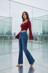 Wine Red Ruched Crop Top with Flared Sleeves