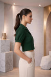 Emerald Green Puff Sleeve Collared Crop Top | Tailored Button-Down