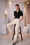 Black Puff Sleeve Collared Crop Top with Button-Down Detail