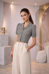 Steel Gray Puff Sleeve Collared Crop Top with Button-Down Detail