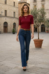 Maroon Scalloped Lettuce Trim Ribbed Knit Top