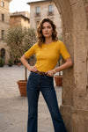 Mustard Yellow Ribbed Short Sleeve Lettuce Edge Top