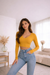 Mustard Yellow V-Neck Long Sleeve Crop Top – Slim Fit Casual Essential