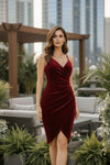 Wine Red Velvet Wrap-Style Bodycon Mini Dress - GARMENT2FASHION