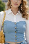 Women’s Light Blue Denim Bustier Crop Top – Button Front Structured Fit Top