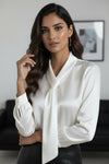 Women White Tie-Neck Satin Shirt – Elegant Long Sleeve Formal Blouse