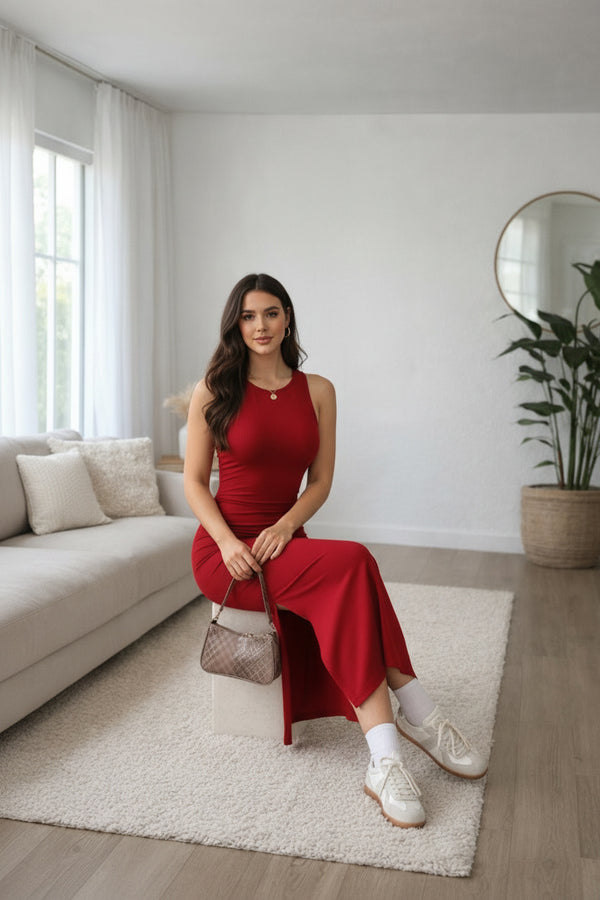 Red Sleeveless Bodycon Slit Maxi Dress for Women