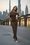 Chocolate Brown One-Shoulder Bodycon Maxi Dress – Elegant Evening Gown