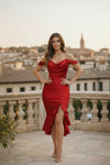 Red Off-Shoulder Cowl Neck Ruffle Hem Midi Dress - GARMENT2FASHION