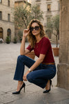 Maroon Scalloped Lettuce Trim Ribbed Knit Top