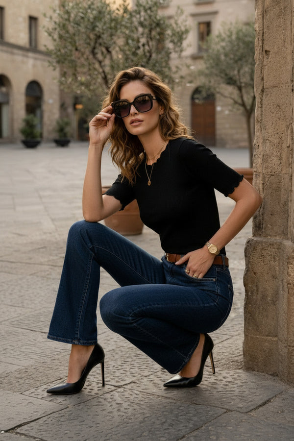 Midnight Black Ribbed Lettuce-Edge Fitted Top