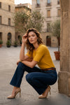 Mustard Yellow Ribbed Short Sleeve Lettuce Edge Top