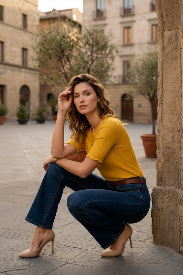 Mustard Yellow Ribbed Short Sleeve Lettuce Edge Top