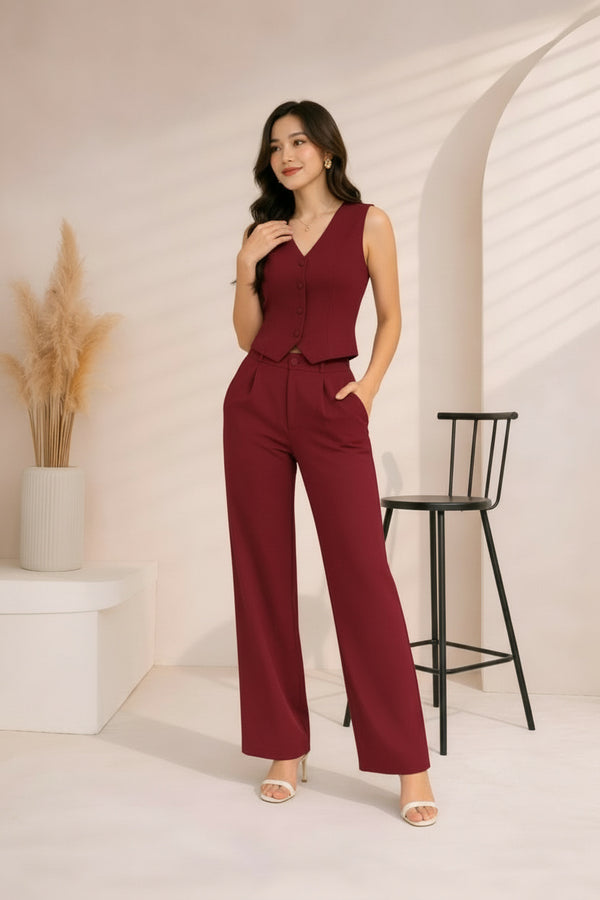 Maroon Tailored Vest and Straight-Leg Trouser Co-ord Set