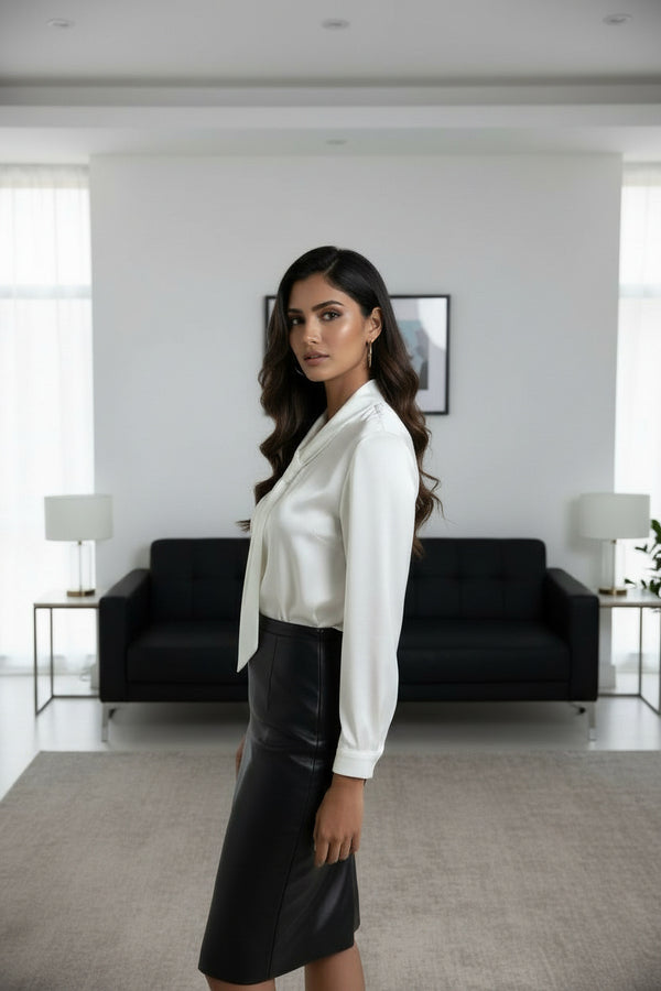 Women White Tie-Neck Satin Shirt – Elegant Long Sleeve Formal Blouse