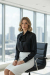 Women’s Black Satin Tie-Neck Shirt – Elegant Long Sleeve Formal Blouse