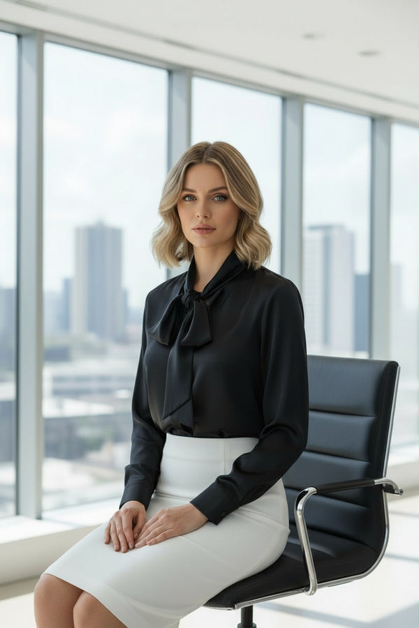 Women’s Black Satin Tie-Neck Shirt – Elegant Long Sleeve Formal Blouse