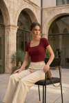 Red Square Neck Ribbed Fitted Crop Top
