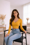 Mustard Yellow V-Neck Long Sleeve Crop Top – Slim Fit Casual Essential