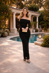 Black Off-Shoulder Bodycon Maxi Dress with Sheer Sleeves