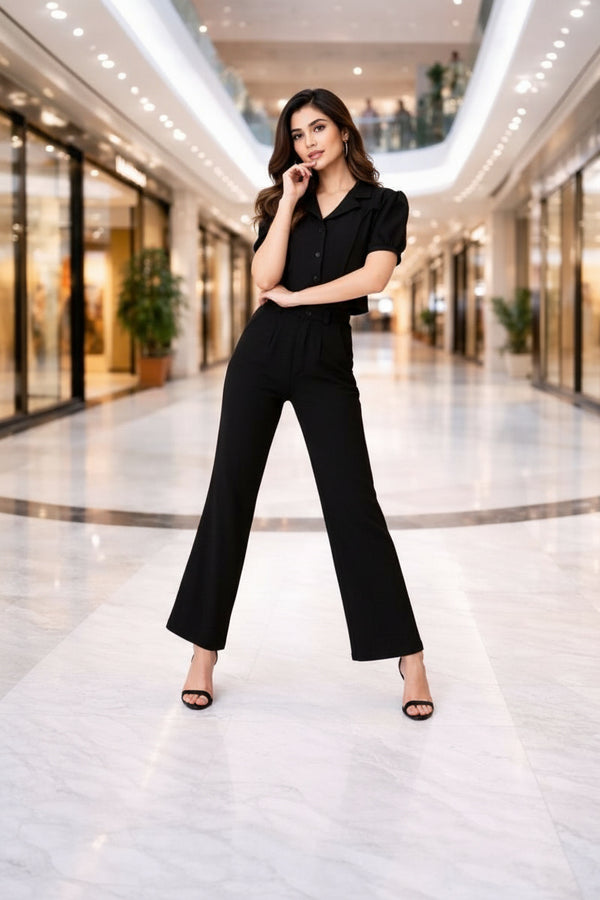 Elegant Black Co-ord Set with Tailored Shirt & Wide-Leg Trousers