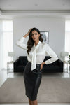 Women White Tie-Neck Satin Shirt – Elegant Long Sleeve Formal Blouse