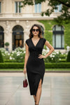 Black Wrap Neck Side Slit Midi Dress for Women