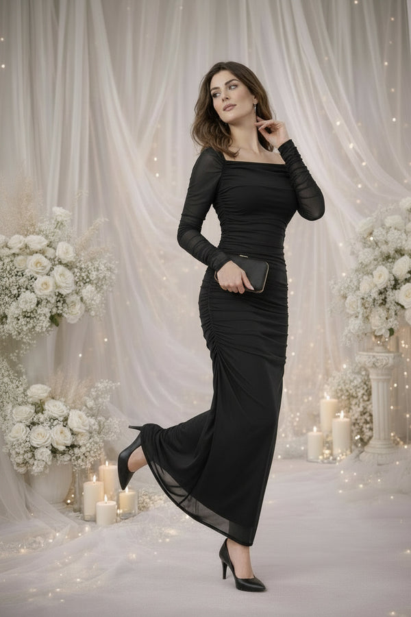 Black Ruched Square Neck Maxi Dress