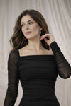 Black Ruched Square Neck Maxi Dress