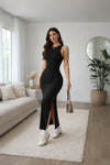 Black Sleeveless Side Slit Bodycon Maxi Dress for Women