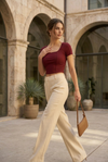 Red Square Neck Ribbed Fitted Crop Top