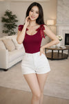 Wine Red Bow Strap Sleeveless Fitted Top for Women