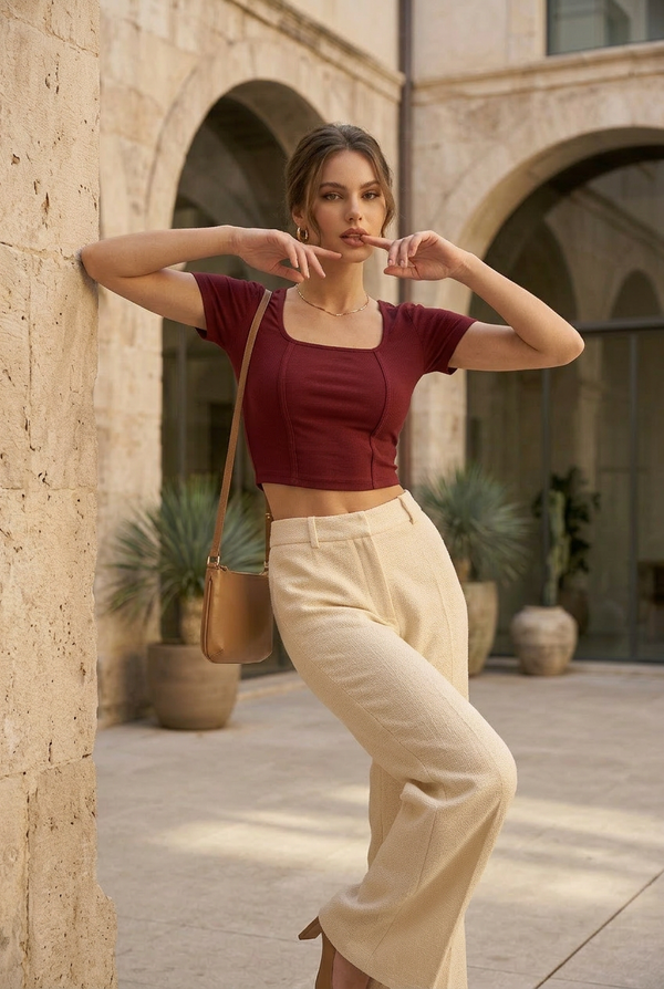 Red Square Neck Ribbed Fitted Crop Top