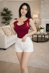 Wine Red Bow Strap Sleeveless Fitted Top for Women
