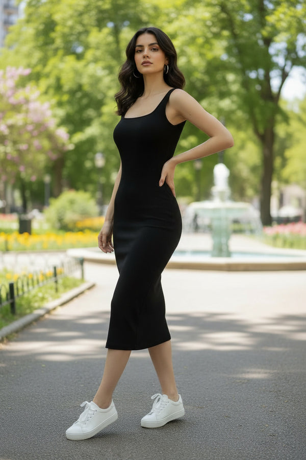 Black Sleeveless Bodycon Midi Dress for Women