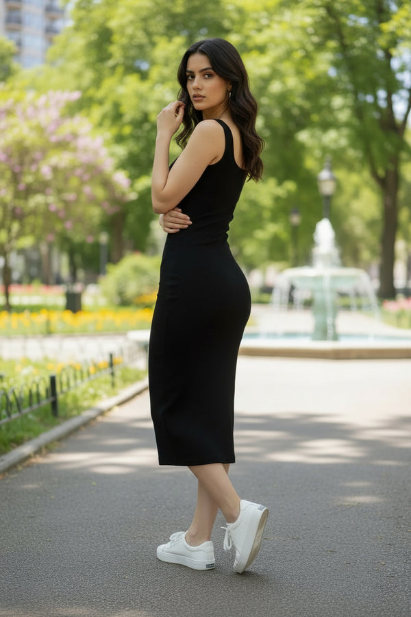 Black Sleeveless Bodycon Midi Dress for Women