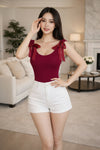 Wine Red Bow Strap Sleeveless Fitted Top for Women