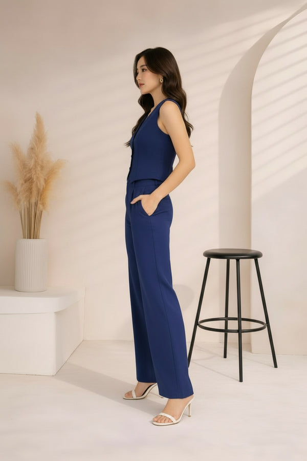 Navy Blue Tailored Vest and Wide-Leg Trouser Co-ord Set