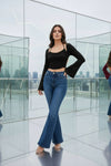 Black Halter Neck Ruched Crop Top with Flared Sleeve Shrug