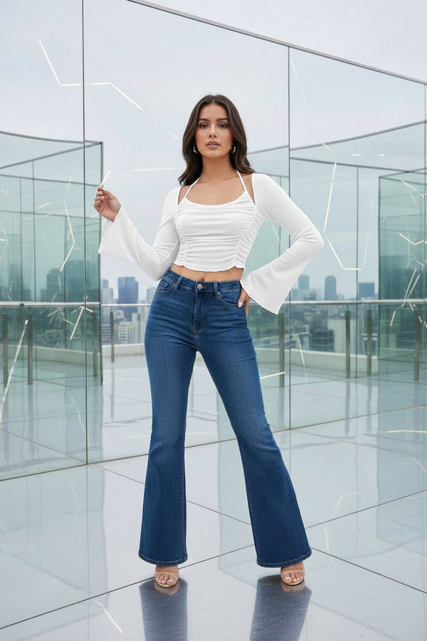 White Halter Neck Ruched Crop Top with Flared Sleeve Shrug
