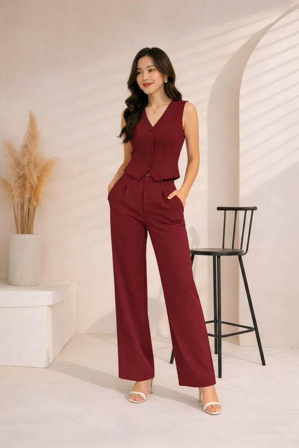 Maroon Tailored Vest and Straight-Leg Trouser Co-ord Set
