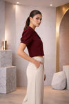 Maroon Puff Sleeve Collared Crop Top with Button-Down Detail