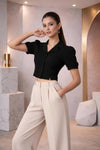 Black Puff Sleeve Collared Crop Top with Button-Down Detail