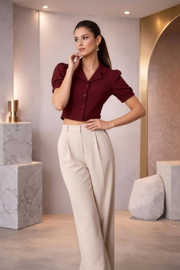 Maroon Puff Sleeve Collared Crop Top with Button-Down Detail